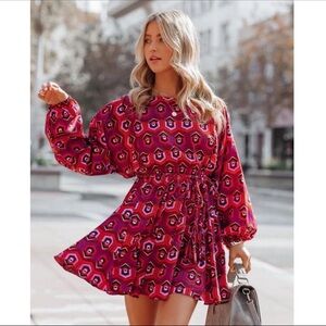 Skies Are Blue Women's Geometric Print Mini Dress Braided Rope Tie